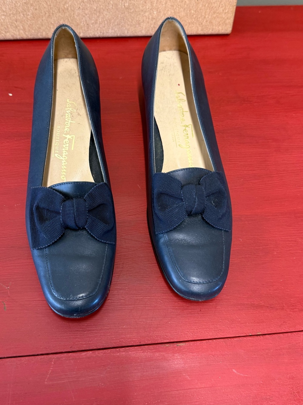 Salvatore Ferragamo Navy Leather Bow Loafers